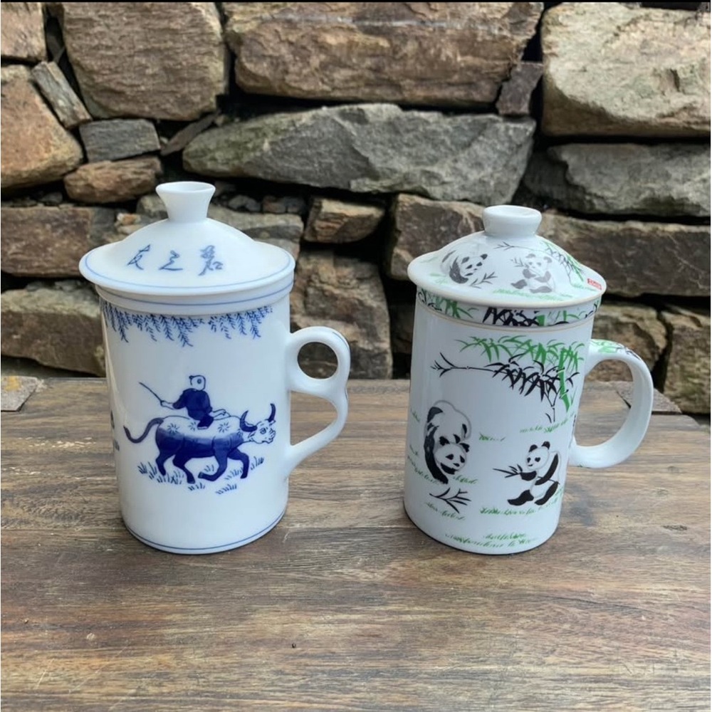 Chinese Porcelain Tea Mugs with Infuser Strainer Lids Panda Water Buffalo Set 2